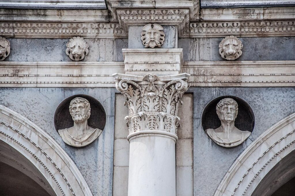 Close-up of the facade of the Renaissance Loggia on Piazza della Loggia - Brescia, Italy - rossiwrites.com