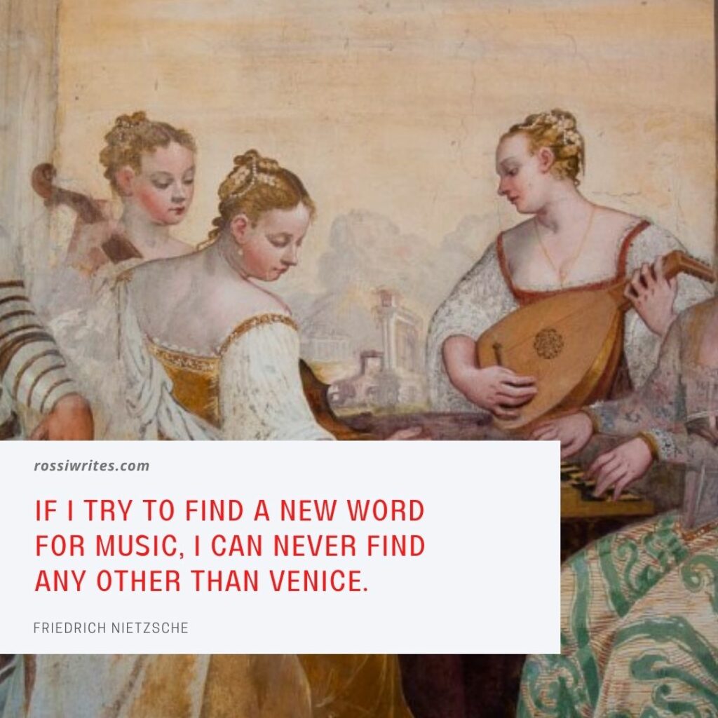 Fresco depicting Venetian ladies playing musical instruments with a famous quote about Venice by Friedrich Nietzsche - rossiwrites.com