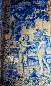 The Adam and Eve azulejo panel inside the Capela e Casa dos Coimbra - Braga, Portugal - rossiwrites.com