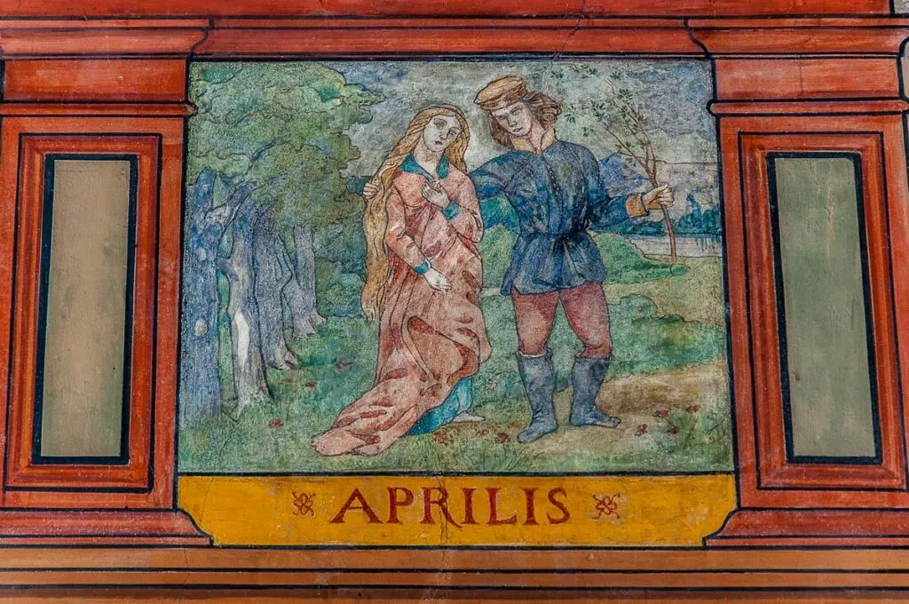 The month of April from the Labours of the Months depicted on the historic Palazzo del Bene - Rovereto, Italy - rossiwrites.com