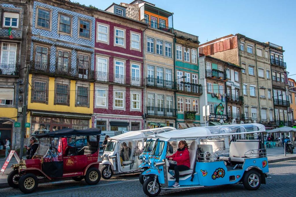 Tuk-Tuks waiting for tourists on a street in the historic centre - Porto, Portugal - rossiwrites.com