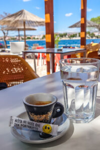 Coffee served on the beach of Hotel Spongiola on the island of Krapanj in the Sibenik Archipelago - Dalmatia, Croatia - rossiwrites.com