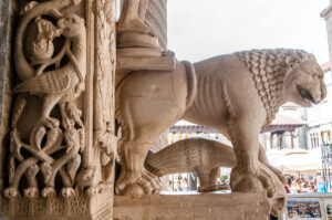 Details with a lion on the Radovan's Portal of the Cathedral of St. Lawrence - Trogir, Croatia - rossiwrites.com
