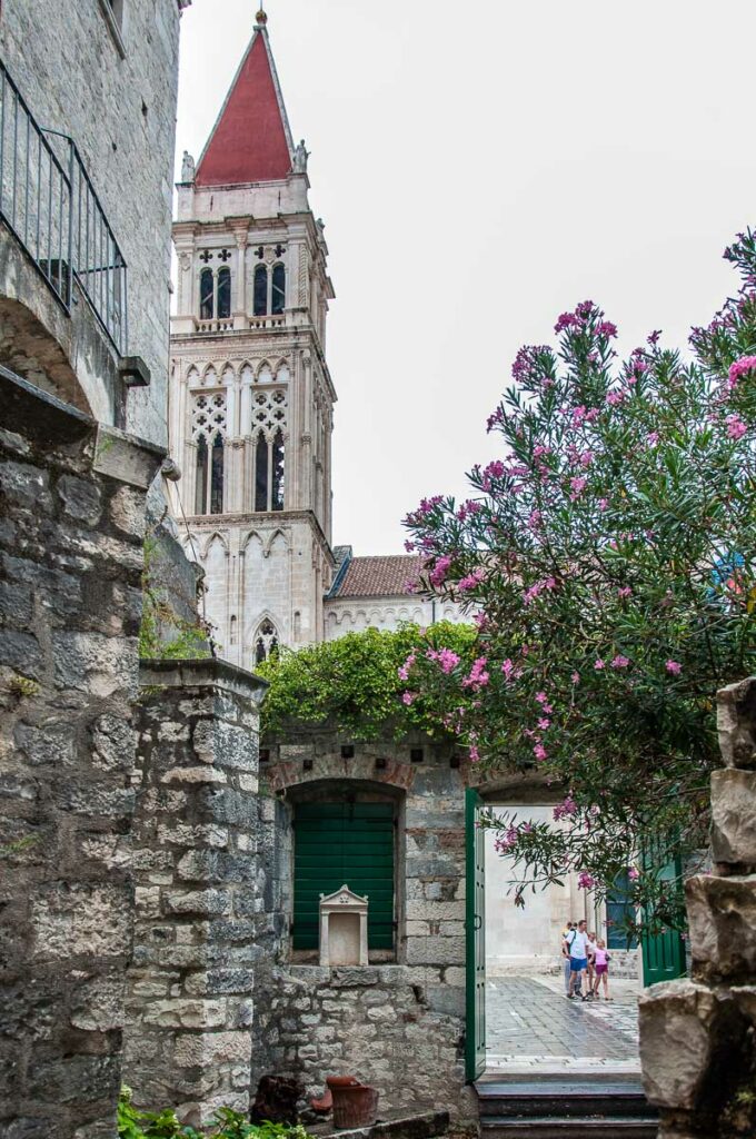 The bell tower of the St. Lawrence Cathedral seen from the courtyard of the Museum of Sacral Art - Trogir, Croatia - rossiwrites.com
