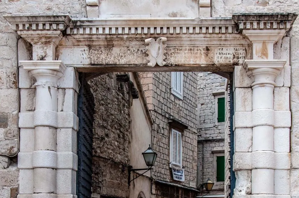 The top part of the South City Gate - Trogir, Croatia - rossiwrites.com