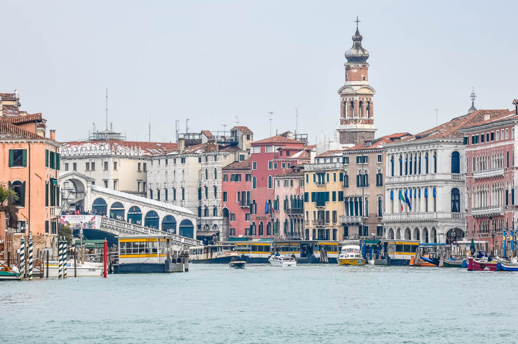 The Grand Canal with Rialto Bridge and vaporetto stop San Silvestro in the sestiere of San Polo - Venice, Italy - rossiwrites.com