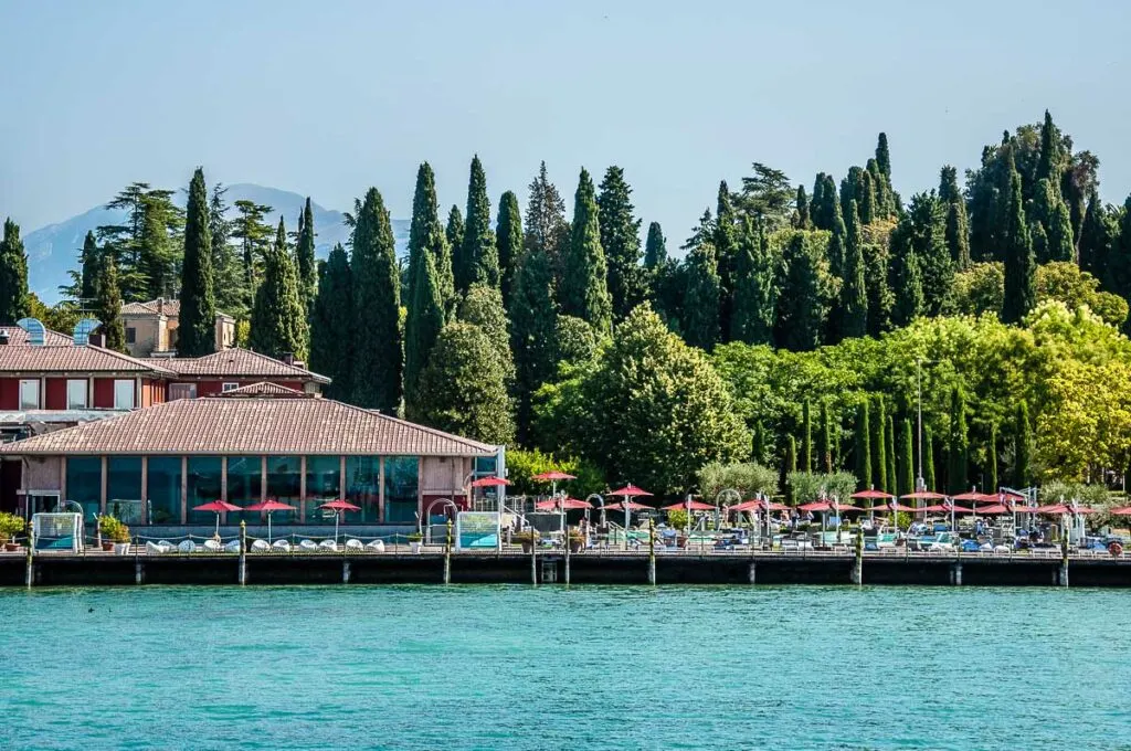 Waterside view of Acquaria Terme - a spa resort in the town of Sirmione - Lake Garda, Italy - rossiwrites.com