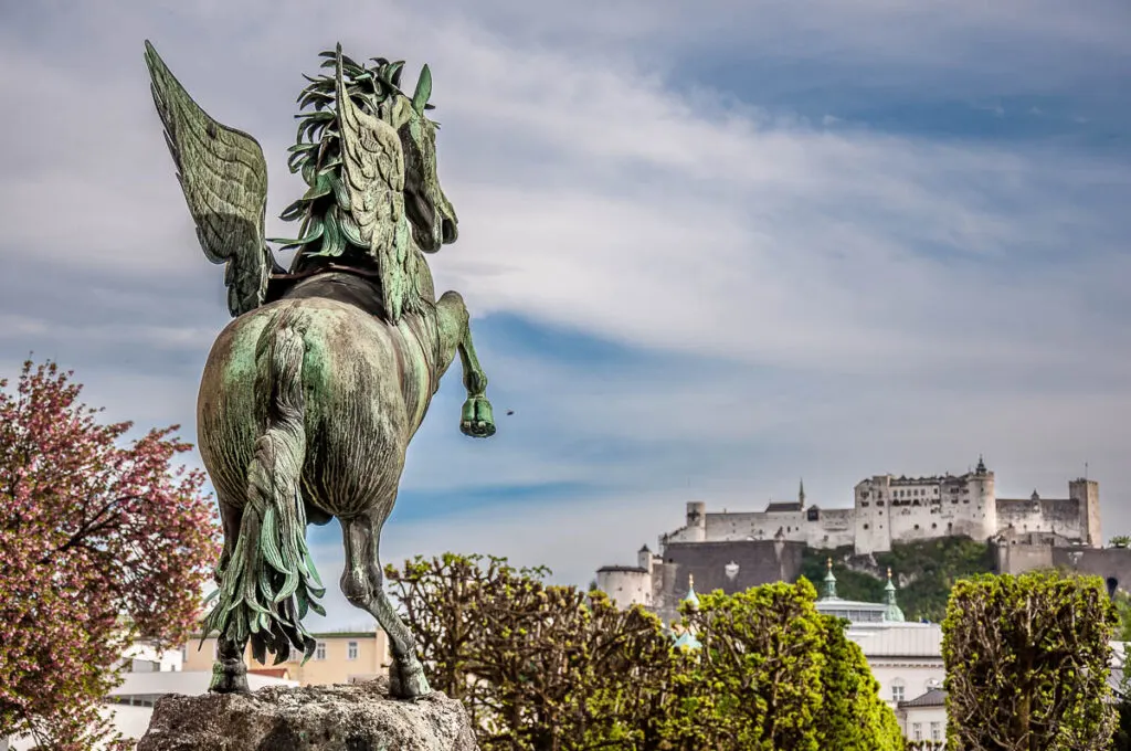 View with a winged horse statue of Salzburg, Austria - rossiwrites.com