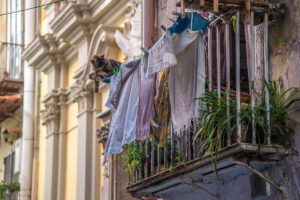 A cat relaxing on a balcony next to towels drying in the wind in the historic centre - Naples, Italy - rossiwrites.com