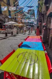 The outside tables of Antica Pizza Fritta da Tia Esterina Sorbillo on Spaccanapoli - Naples, Italy - rossiwrites.com