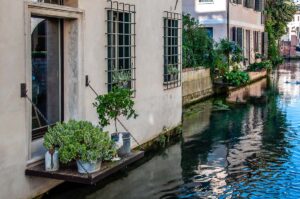 Potted plants on a small platform over the Buranelli canal - Treviso, Italy - rossiwrites.com